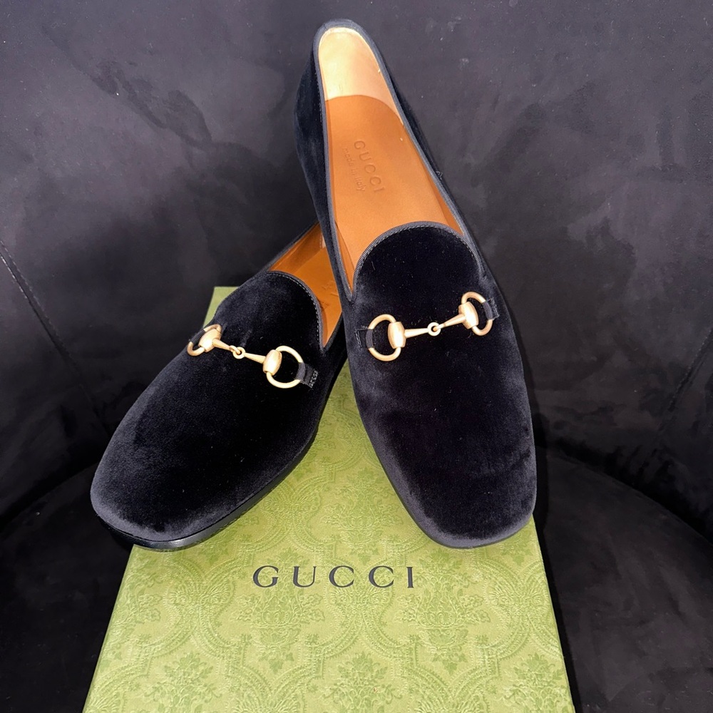 Gucci Black Velvet Horsebit Loafers with Gold Hardware